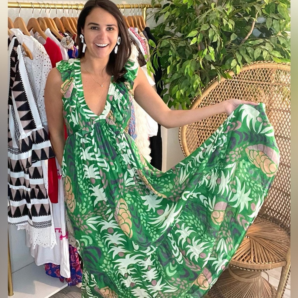 Oliphant Green Tropical Print Maxi Dress